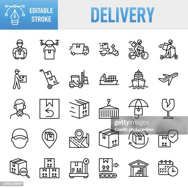 ilustrações de stock, clip art, desenhos animados e ícones de delivery - thin line vector icon set. pixel perfect. editable stroke. for mobile and web. the set contains icons: e-commerce, online shopping, delivering, freight transportation, shipping, package, speed, container, box - container, cargo container - delivering