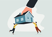 Eviction and mortgage debt, foreclosure or difficulty to payback bank mortgage loan concept, bankruptcy man and family.