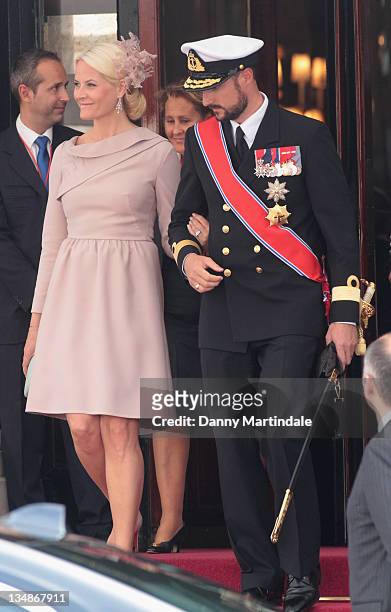 Princess Mette-Marit of Norway and Prince Haakon of Norway are seen leaving the Hotol de Paris to attend the religious ceremony of the Royal Wedding...