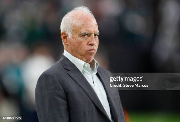 Owner Jeffrey Lurie of the Philadelphia Eagles reacts before the game against the Las Vegas Raiders at Allegiant Stadium on October 24, 2021 in Las...