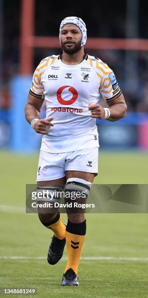 Nizaam Carr of Wasps looks on during the Gallagher Premiership Rugby match between Saracens and Wasps at StoneX Stadium on October 24, 2021 in...