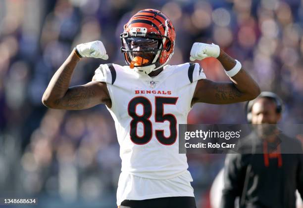 Tee Higgins of the Cincinnati Bengals celebrates a touchdown by a teammate during the second half in the game against the Baltimore Ravens at M&T...