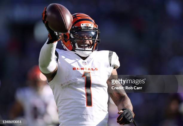 Ja'Marr Chase of the Cincinnati Bengals celebrates a touchdown during the second half in the game against the Baltimore Ravens at M&T Bank Stadium on...