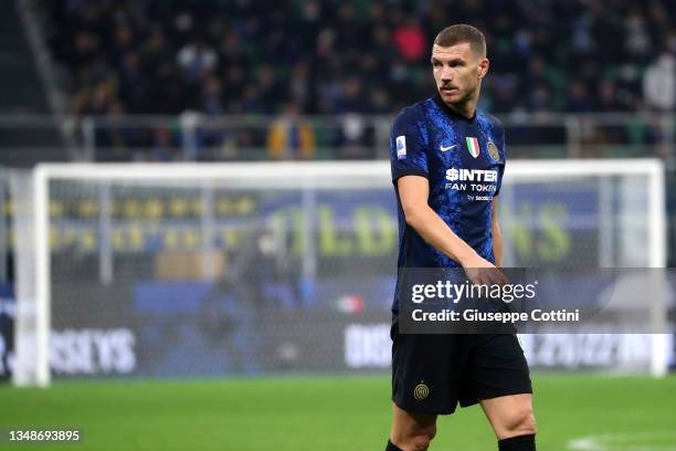 Edin Dzeko of FC Internazionale looks on during the Serie A match between FC Internazionale and Juventus at Stadio Giuseppe Meazza on October 24,...