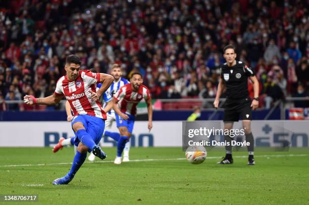 Luis Suarez of Atletico Madrid scores their side's second goal from the penalty spot during the LaLiga Santander match between Club Atletico de...