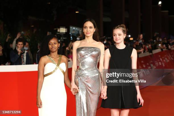 Zahara Marley Jolie-Pitt, Angelina Jolie and Shiloh Jolie-Pitt attend the red carpet of the movie "Eternals" during the 16th Rome Film Fest 2021 on...