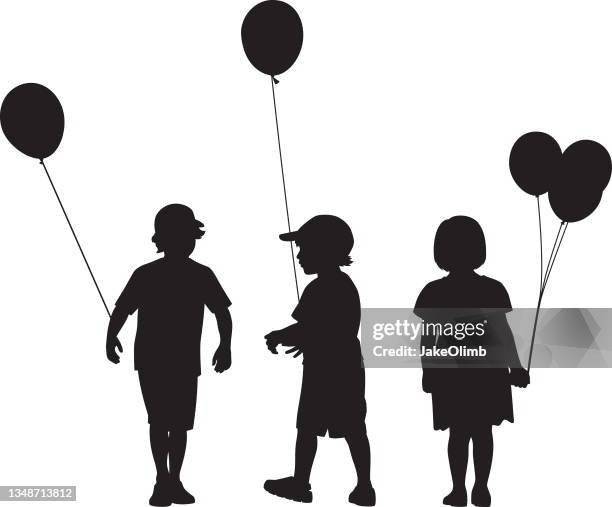 illustrazioni stock, clip art, cartoni animati e icone di tendenza di bambini con palloncini silhouette - boy wearing dress