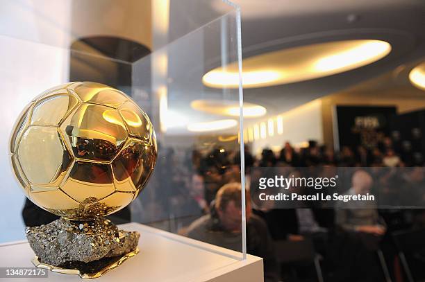 The FIFA Ballon D'Or trophy is seen during the FIFA Ballon D'Or Press conference on December 5, 2011 in Paris, France.