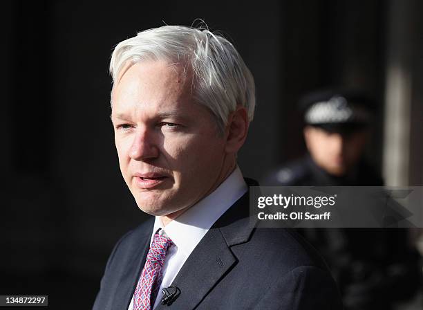 Julian Assange, the founder of the whistle-blowing 'WikiLeaks,' leaves the High Court after winning the right to petition the UK Supreme Court to...