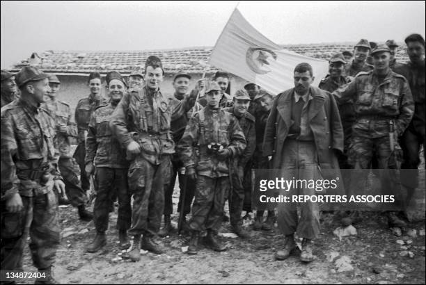 French soldiers with the Algerian flag during "Operation Bigeard" in March 1956, when an armed outbreak in Souk-Ahras, South of Constantine region,...