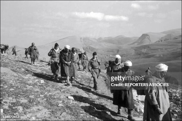 French soldiers and war prisoners during "Operation Bigeard" in March 1956, when an armed outbreak in Souk-Ahras, South of Constantine region,...
