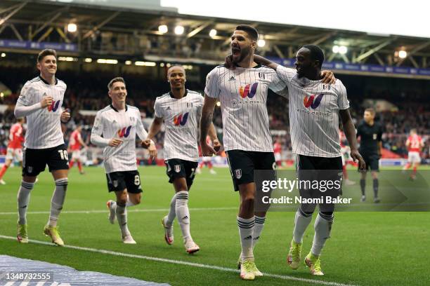 Aleksandar Mitrovic of Fulham celebrates after scoring his teams fourth goal form the penalty spot and his hat-trick during the Sky Bet Championship...