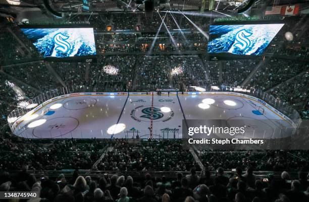 General view of Climate Pledge Arena with the center ice logo prior to the Kraken's inaugural home opening game between the Seattle Kraken and the...