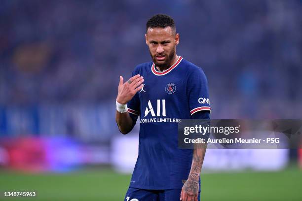 Neymar Jr of Paris Saint-Germain reacts during the Ligue 1 Uber Eats match between Marseille and Paris Saint Germain at Orange Velodrome on October...