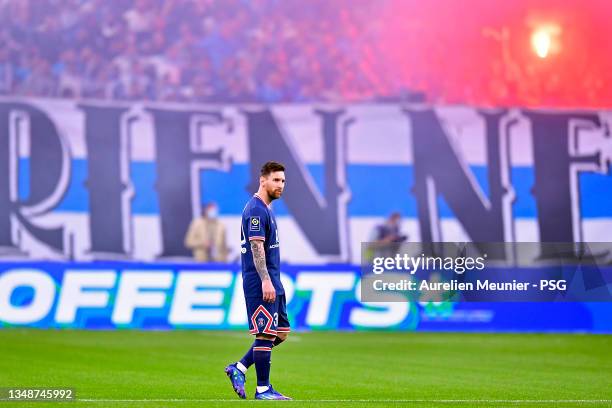 Leo Messi of Paris Saint-Germain looks on during the Ligue 1 Uber Eats match between Marseille and Paris Saint Germain at Orange Velodrome on October...