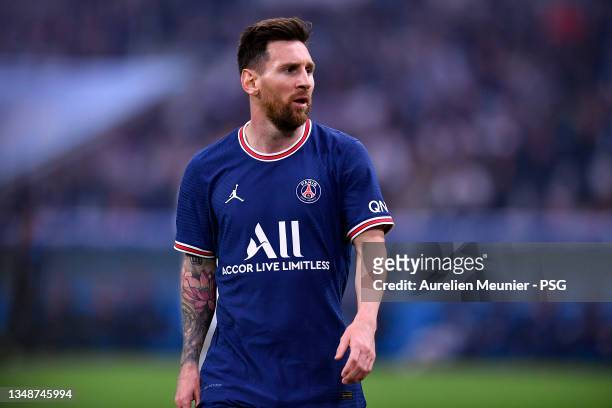 Leo Messi of Paris Saint-Germain looks on during the Ligue 1 Uber Eats match between Marseille and Paris Saint Germain at Orange Velodrome on October...