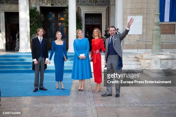 Nicholas of Greece, brother of the groom, and Tatiana Blatnik and Theodora of Greece, Olympia and her groom Peregrine Pearson attend the Wedding of...