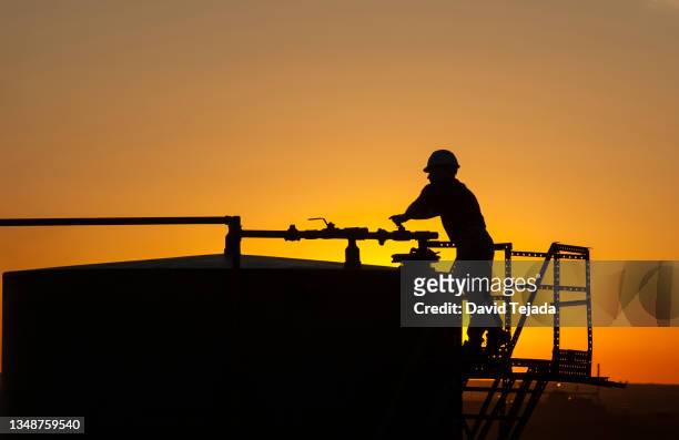 silhouette of oil field worker on storage tank - oil tank 個照片及圖片檔