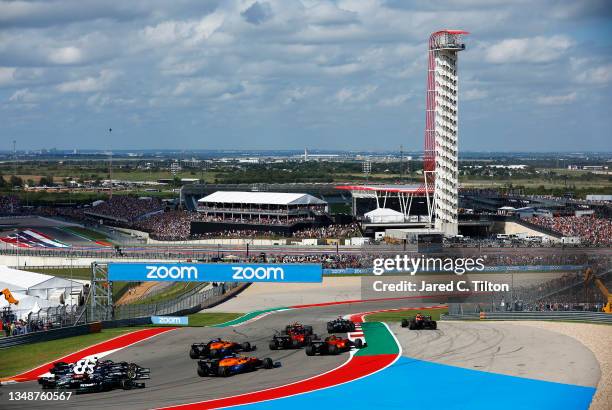 General view of the start as Max Verstappen of the Netherlands driving the Red Bull Racing RB16B Honda runs wide during the F1 Grand Prix of USA at...