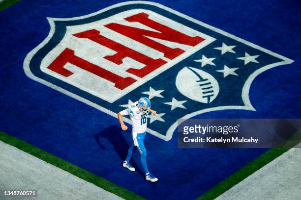 Jared Goff of the Detroit Lions reacts in the game against the Los Angeles Rams at SoFi Stadium on October 24, 2021 in Inglewood, California.