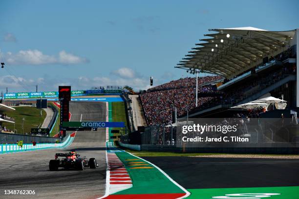 Max Verstappen of the Netherlands driving the Red Bull Racing RB16B Honda during the F1 Grand Prix of USA at Circuit of The Americas on October 24,...