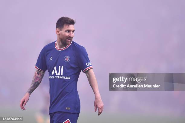 Leo Messi of Paris Saint-Germain looks on during the Ligue 1 Uber Eats match between Marseille and Paris Saint Germain at Orange Velodrome on October...