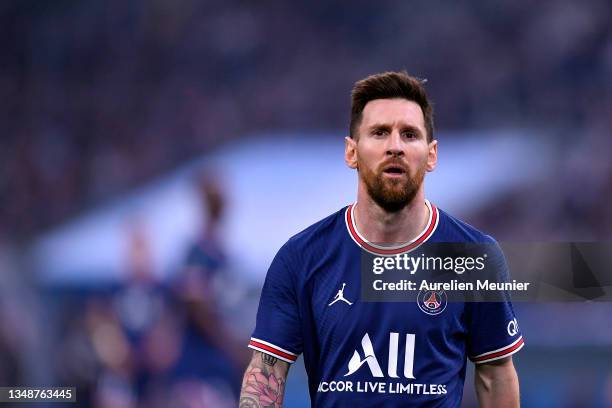 Leo Messi of Paris Saint-Germain looks on during the Ligue 1 Uber Eats match between Marseille and Paris Saint Germain at Orange Velodrome on October...