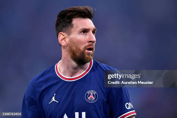 Leo Messi of Paris Saint-Germain looks on during the Ligue 1 Uber Eats match between Marseille and Paris Saint Germain at Orange Velodrome on October...