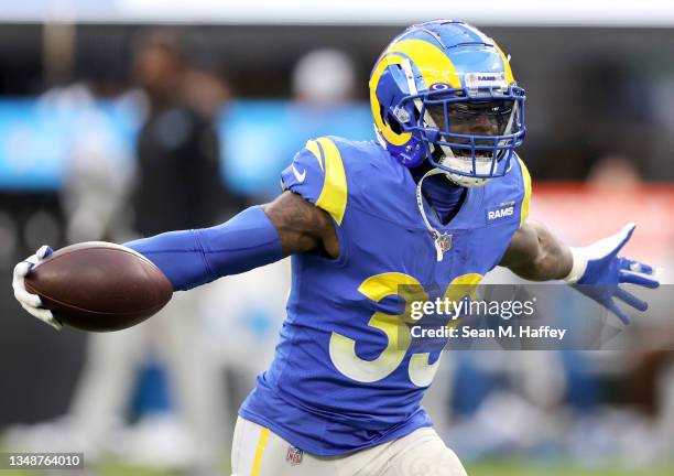 Nick Scott of the Los Angeles Rams celebrates an interception in the fourth quarter of a game against the Detroit Lions at SoFi Stadium on October...