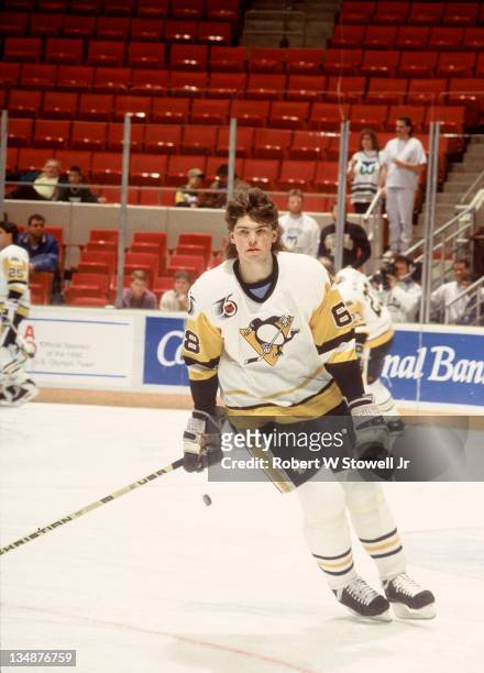 View of Pittsburgh Penguins Jaromir Jagr during a pre-game skate prior to a game against the Hartford Whalers, Hartford CT 1994.