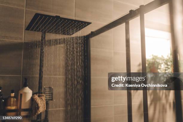 close up of water flowing from shower in the bathroom interior - shower head stock pictures, royalty-free photos & images