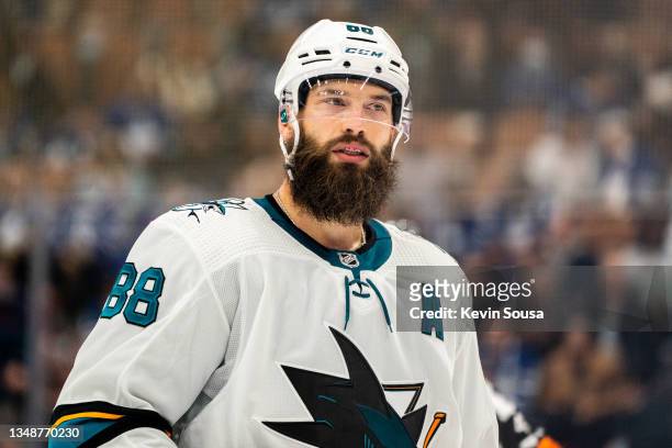Brent Burns of the San Jose Sharks looks on against the Toronto Maple Leafs during the third period at the Scotiabank Arena on October 22, 2021 in...
