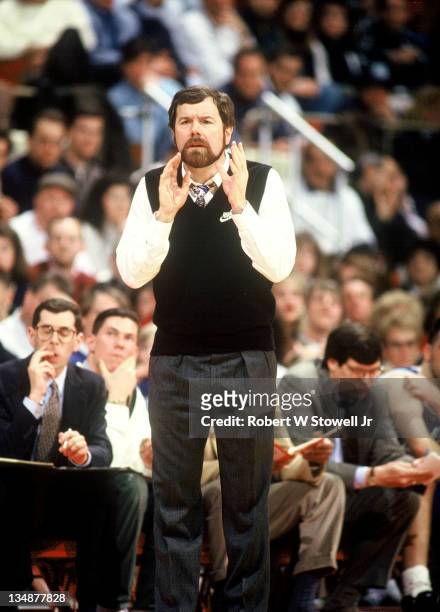 Seton Hall coach P J Carlesimo shouts instructions to his team during a game against UConn, Hartford CT 1990.