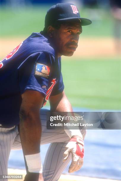 Dave Winfield of the Minnesota Twins looks on during batting practice of a baseball game against the New York Yankees on June 22, 1994 at Yankee...