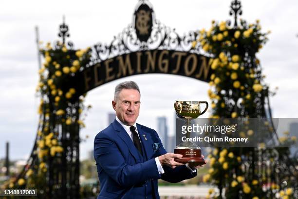 Victoria Racing Club Chairman Neil Wilson poses with the Melbourne Cup during the 2021 Melbourne Cup Carnival Launch at Flemington Racecourse on...