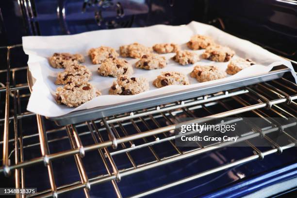 vegan oatmeal chocolate chip cookies bake in oven - baking sheet fotografías e imágenes de stock