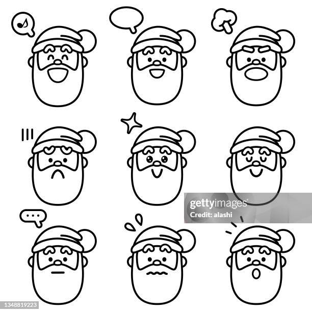 illustrations, cliparts, dessins animés et icônes de ensemble d’icônes de noël d’un mignon père noël avec neuf expressions faciales en noir et blanc - christmas angry