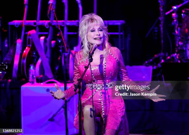 Dolly Parton performs at the 2021 Kiss Breast Cancer Goodbye Concert at CMA Theater at the Country Music Hall of Fame and Museum on October 24, 2021...