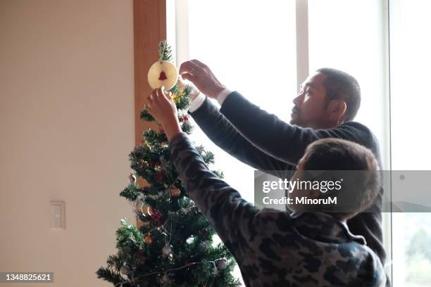 father and son putting up the christmas decorations - real christmas tree stock pictures, royalty-free photos & images