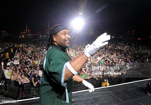 Drummer Carter Beauford throws drum sticks to fans during day two of Dave Matthews Band Caravan at Bader Field on June 25, 2011 in Atlantic City, New...