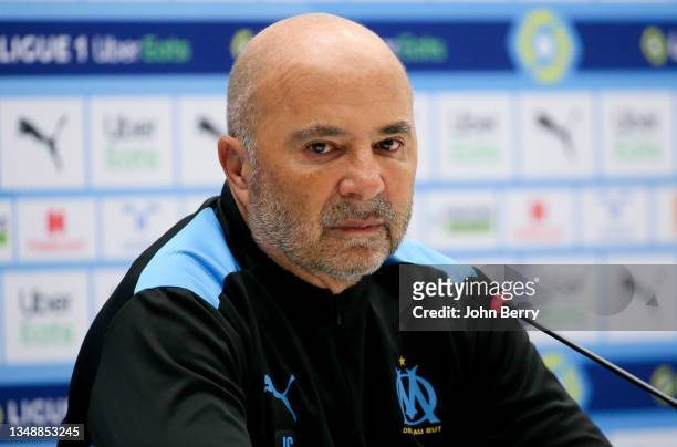 Coach of Marseille Jorge Sampaoli answers to the media during the post-match press conference following the Ligue 1 Uber Eats match between Olympique...