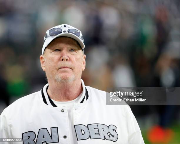 Owner and managing general partner Mark Davis of the Las Vegas Raiders walks on a sideline before a game against the Philadelphia Eagles at Allegiant...