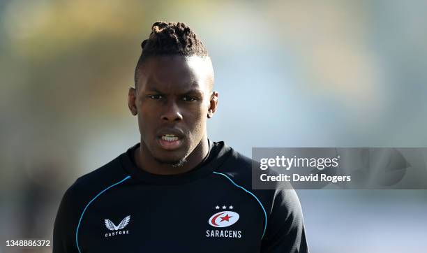 Maro Itoje of Saracens looks on prior to the Gallagher Premiership Rugby match between Saracens and Wasps at StoneX Stadium on October 24, 2021 in...