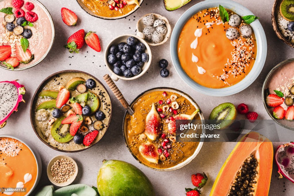 Variety of healthy smoothie bowls