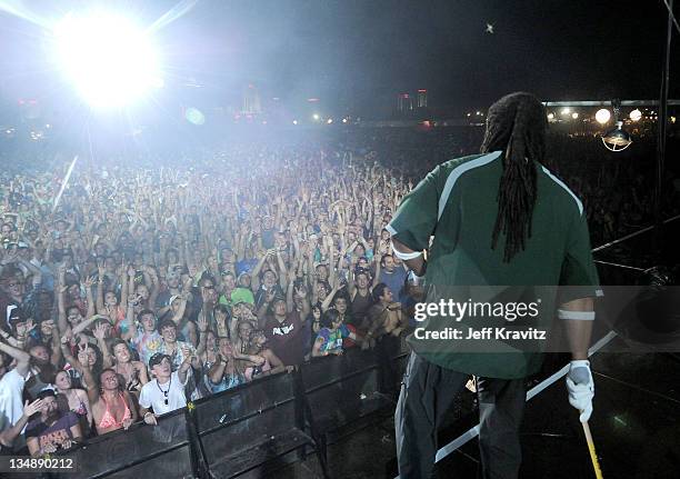 Drummer Carter Beauford throws drum sticks to fans during day two of Dave Matthews Band Caravan at Bader Field on June 25, 2011 in Atlantic City, New...