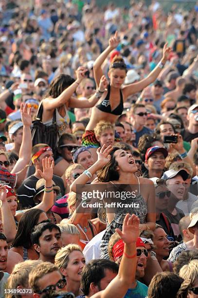Fans watch The Flaming Lips perform during the final day of Dave Matthews Band Caravan at Lakeside on July 10, 2011 in Chicago, Illinois.
