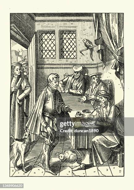 stockillustraties, clipart, cartoons en iconen met man appearing before the bailiwick or court of a bailiff of the king, 16th century - rechtszaak