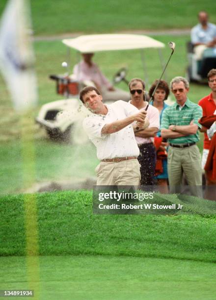 Mark Calcaveccia comes out of the bunker during the Canon Sammy Davis Jr Greater Hartford Open, Cromwell CT 1988.