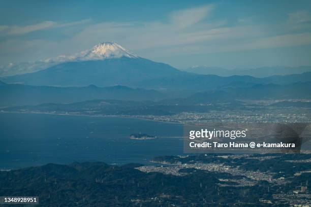 snowcapped mt. fuji and shonan district in kanagawa of japan aerial view from airplane - chigasaki beach stock pictures, royalty-free photos & images