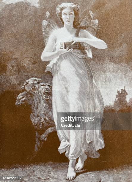 ilustrações, clipart, desenhos animados e ícones de linda mulher representando psique, latindo cães atrás dela - 1890s dresses